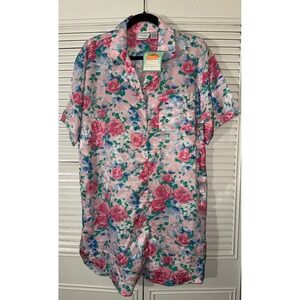 Intimate Moments Vintage Floral Satin Sleep Shirt Button Down Night Shirt Size M